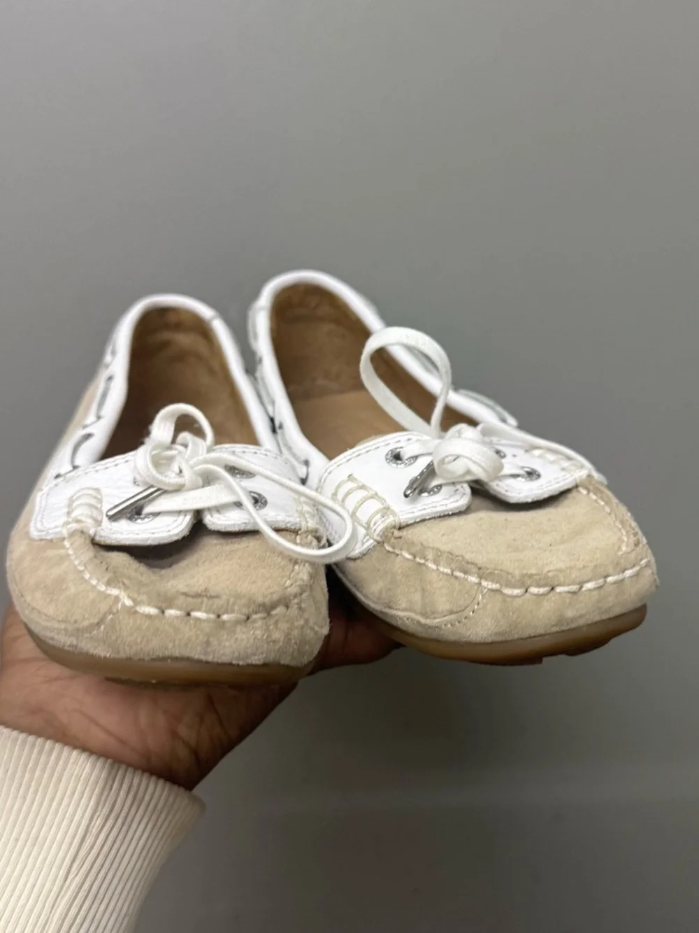 Sebago Bala Taupe and White Suede Boat Shoes Womens Size 6.5 Classic Casual